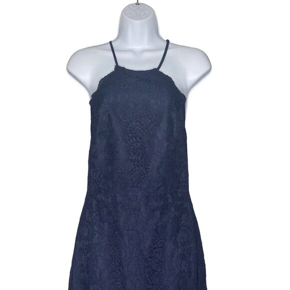 DESSY COLLECTION Halter Criss Cross Open-back Lace Trumpet Gown Navy Size 2 - Picture 3 of 9